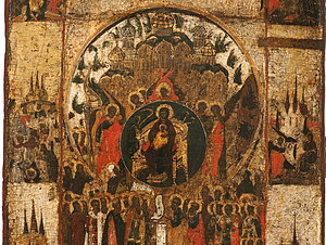 Ikone mit dem Motiv „Über Dich freuet sich die ganze Schöpfung“. Eitempera auf Holz, Russland, Ende 16. Jahrhundert